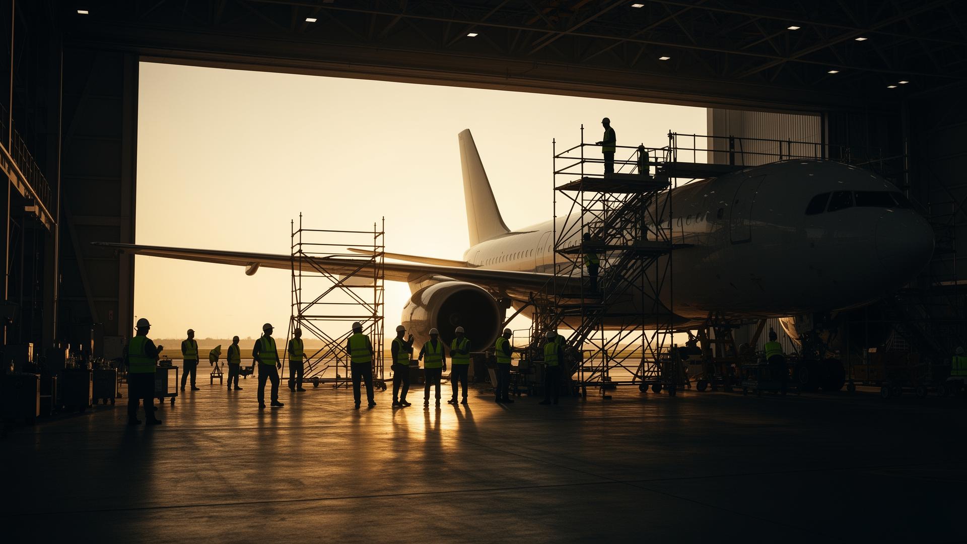Engineers working in an aircraft hangar