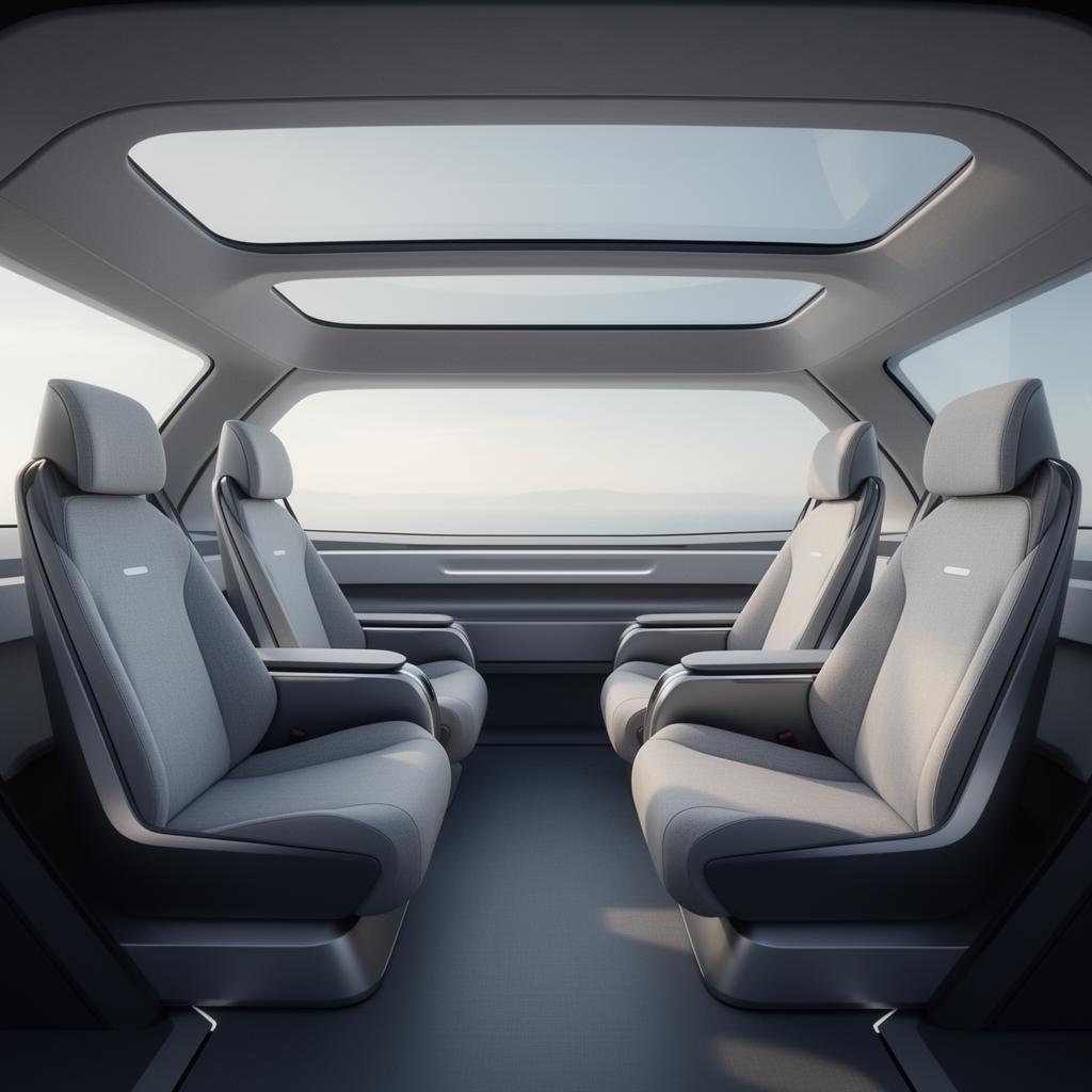 Interior cabin of a four-seat eVTOL concept with panoramic glazing and calm minimalist materials