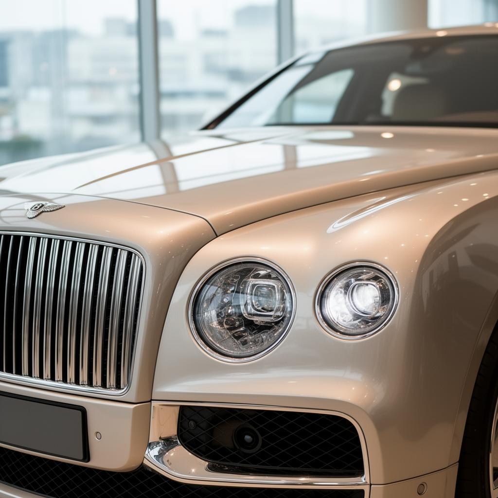 Close-up of a champagne Bentley grille and headlight