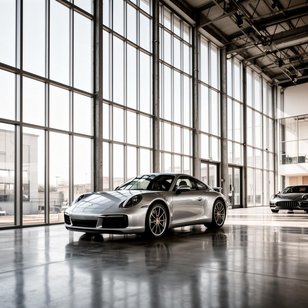 Silver Porsche inside a sunlit showroom