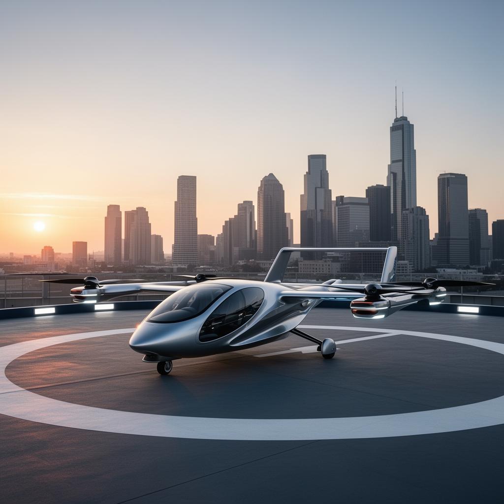 Premium eVTOL concept aircraft parked on a rooftop vertiport at sunset