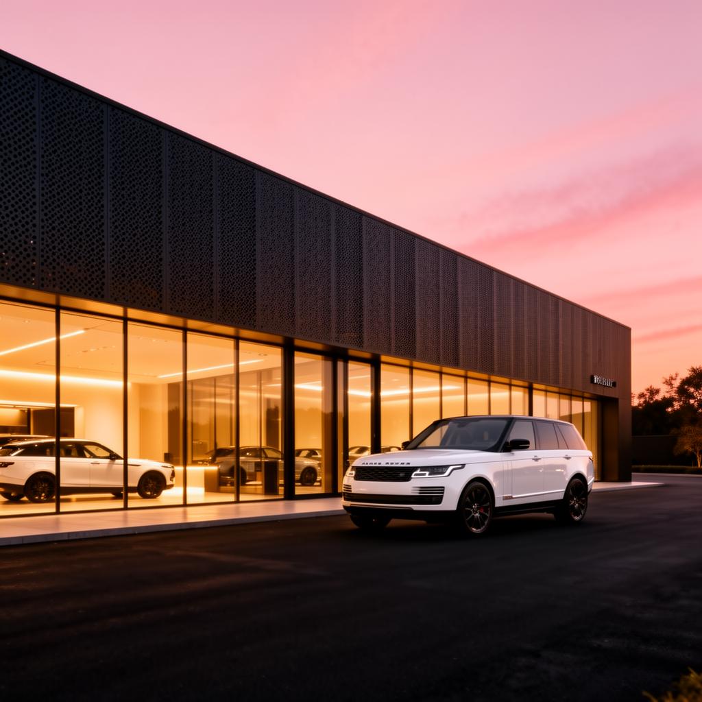 Modern dealership exterior at dusk