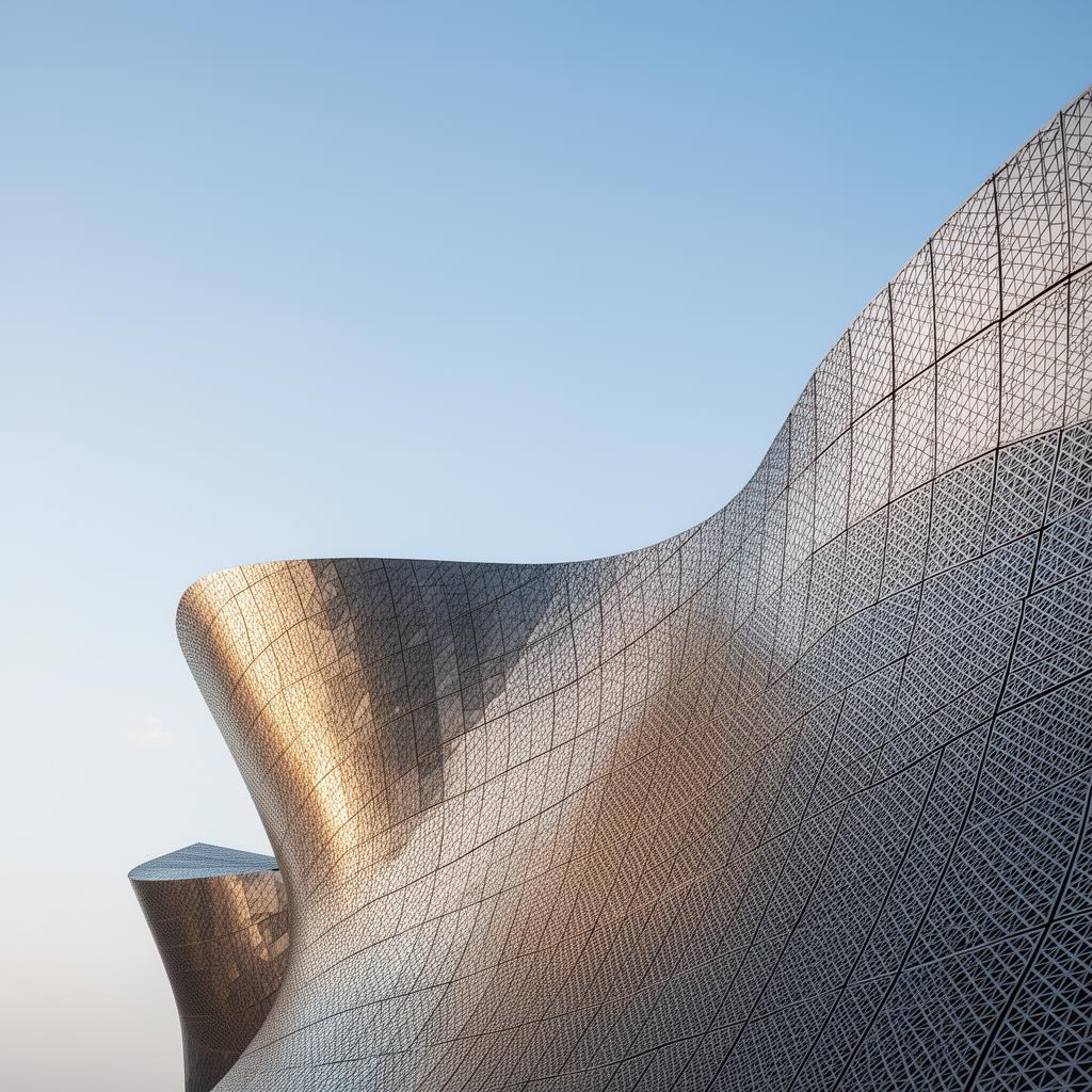 Sculptural metallic building facade against the sky