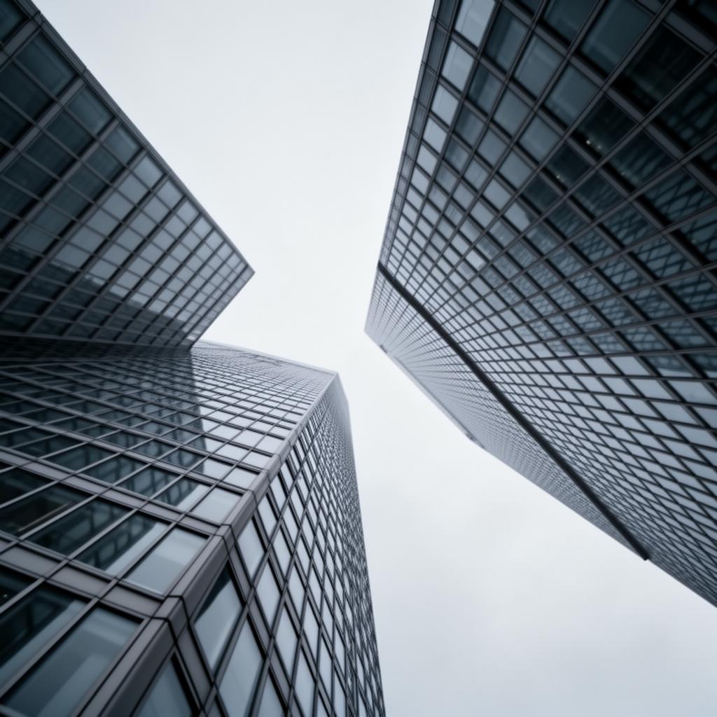 Looking up at modern glass towers